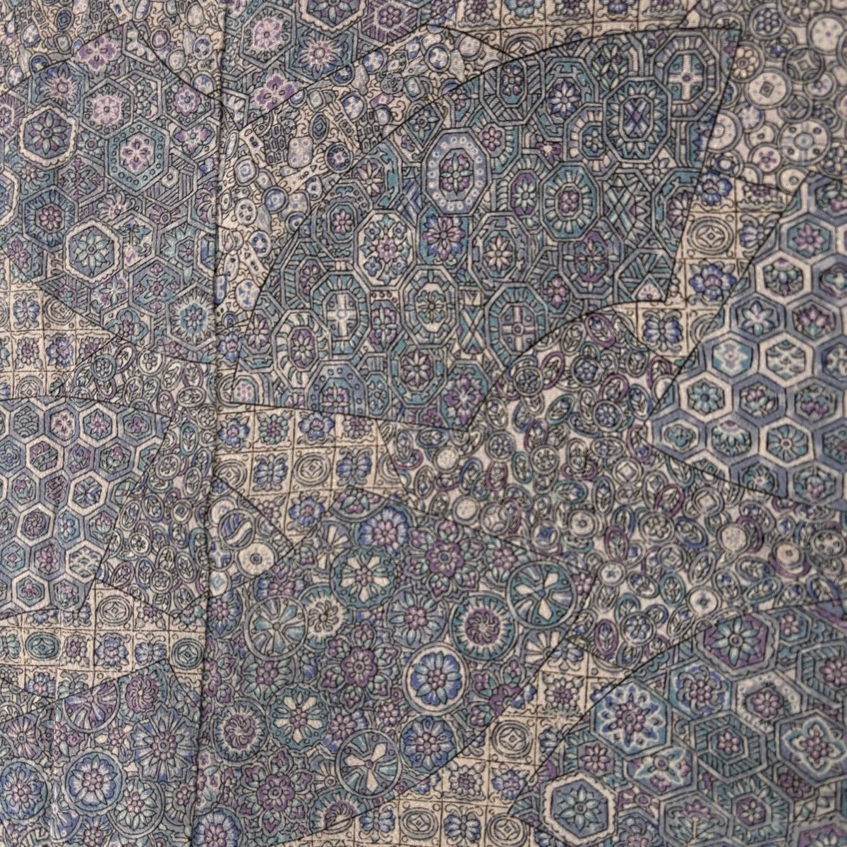 【美品】 小紋 身長150cm 袖長65cm M 雙層 扇子面 草花紋紋 絞染 灰紫 純蠶絲 優品級