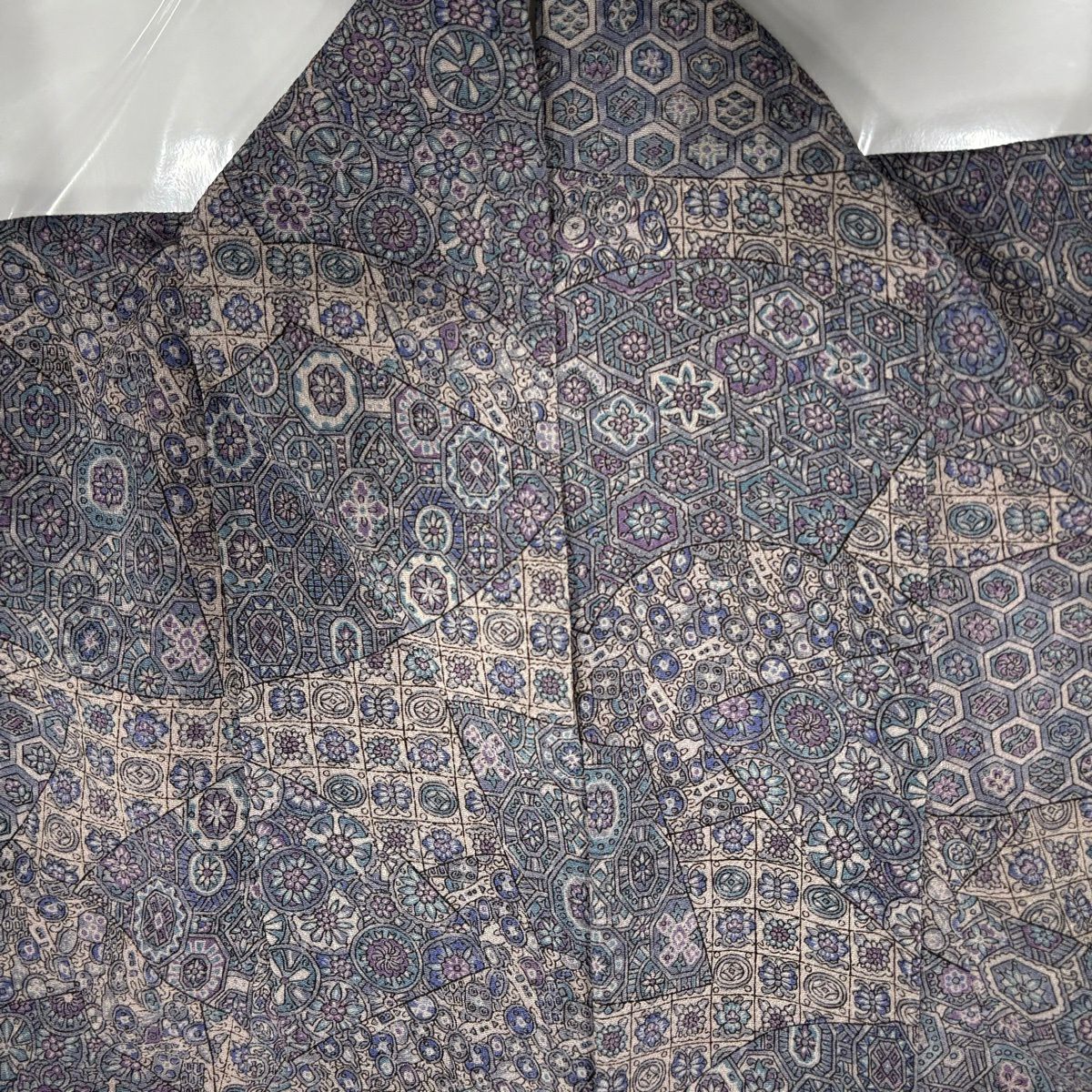 【美品】 小紋 身長150cm 袖長65cm M 雙層 扇子面 草花紋紋 絞染 灰紫 純蠶絲 優品級