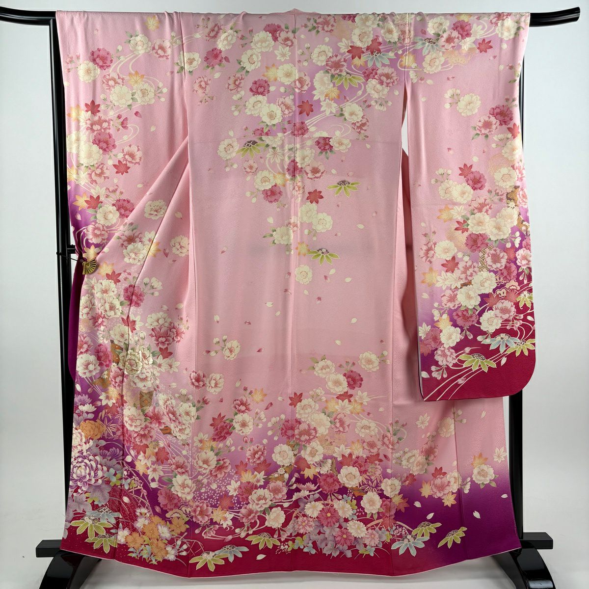 【美品】振袖禮服 身長162.5cm 袖長68cm L 雙層 草花紋紋 七寶紋 金銀彩 刺繡 粉紅 純蠶絲 名品級