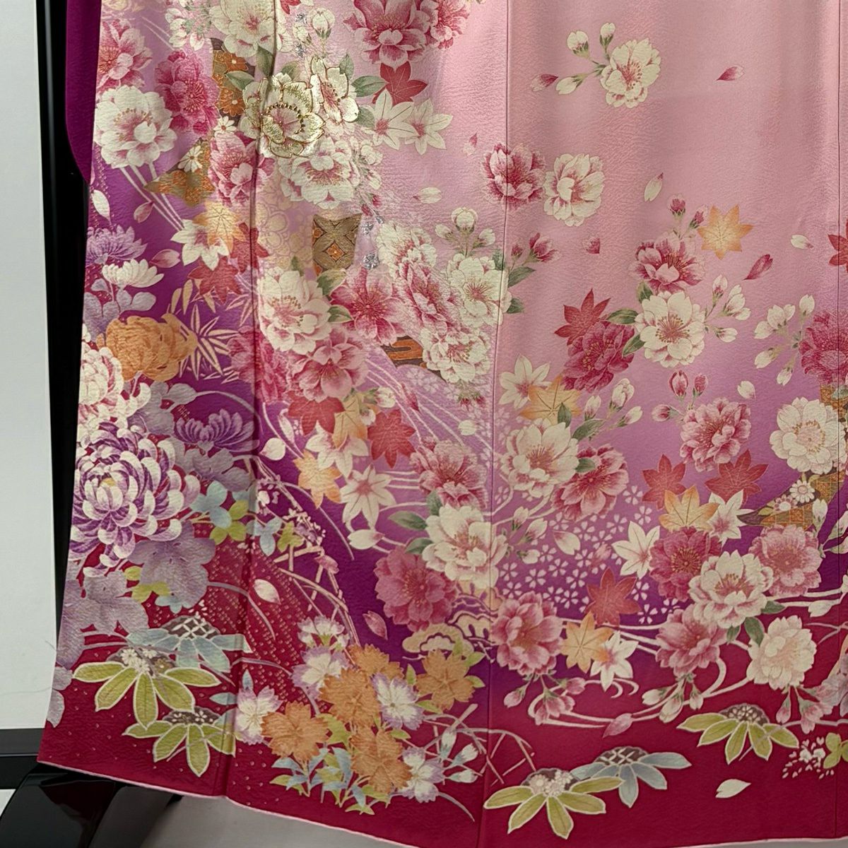 【美品】振袖禮服 身長162.5cm 袖長68cm L 雙層 草花紋紋 七寶紋 金銀彩 刺繡 粉紅 純蠶絲 名品級