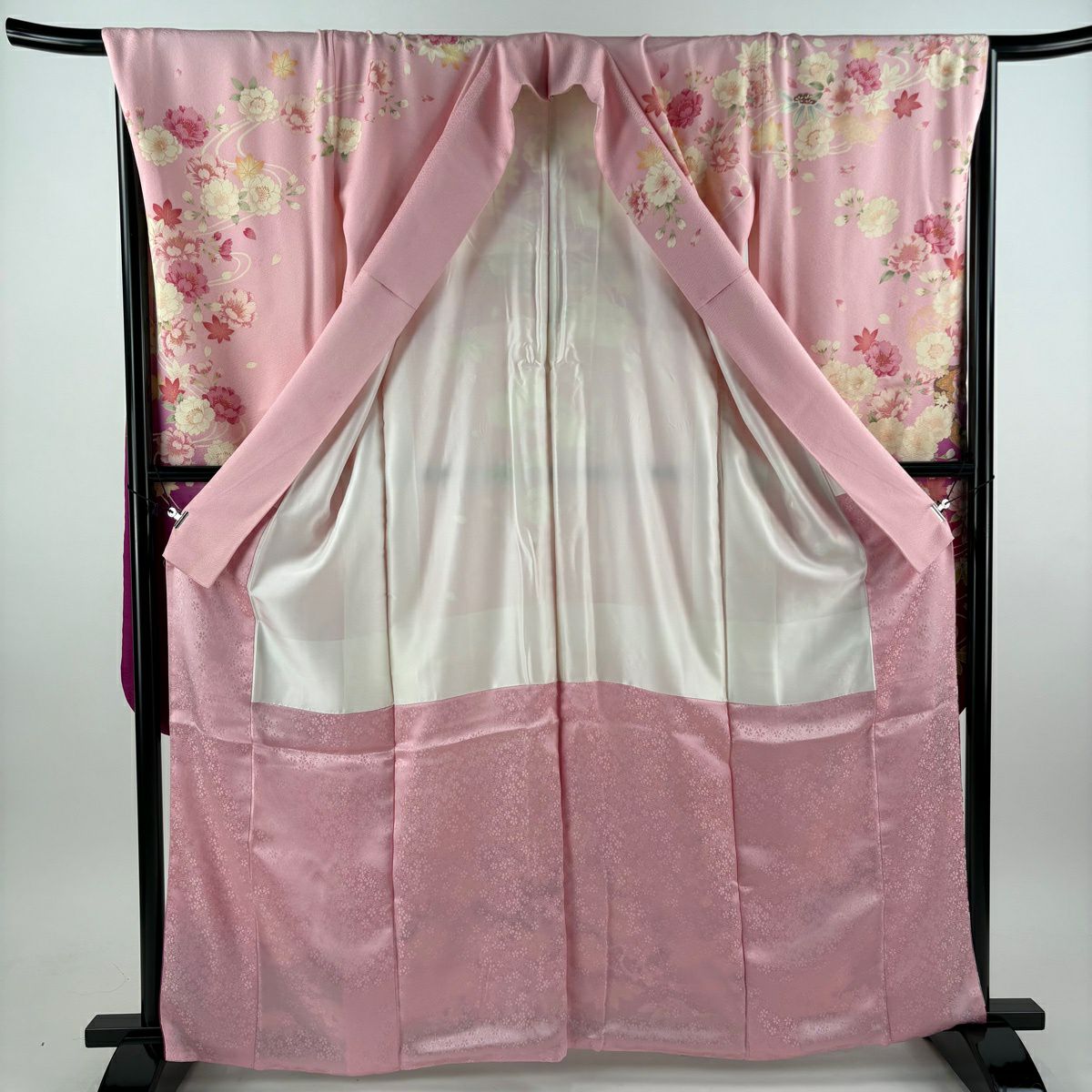 【美品】振袖禮服 身長162.5cm 袖長68cm L 雙層 草花紋紋 七寶紋 金銀彩 刺繡 粉紅 純蠶絲 名品級
