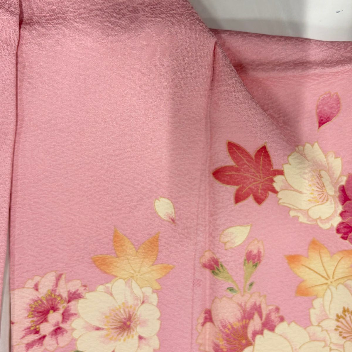 【美品】振袖禮服 身長162.5cm 袖長68cm L 雙層 草花紋紋 七寶紋 金銀彩 刺繡 粉紅 純蠶絲 名品級