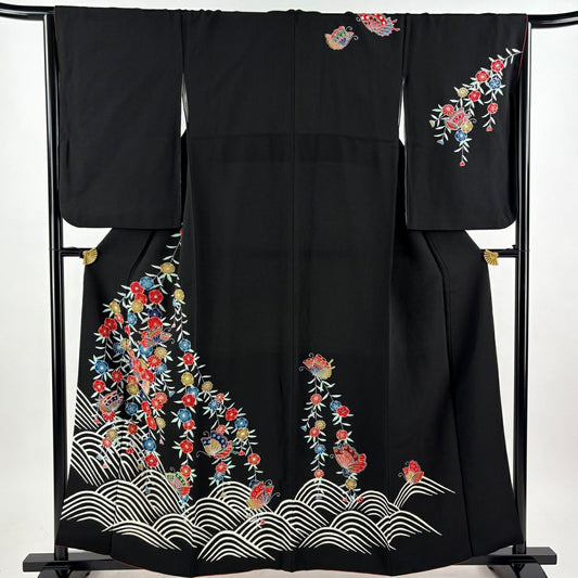 訪問服 身長158.5cm 袖長65.5cm M 雙層 蝶 梅花 縮緬 黑 純蠶絲 名品級