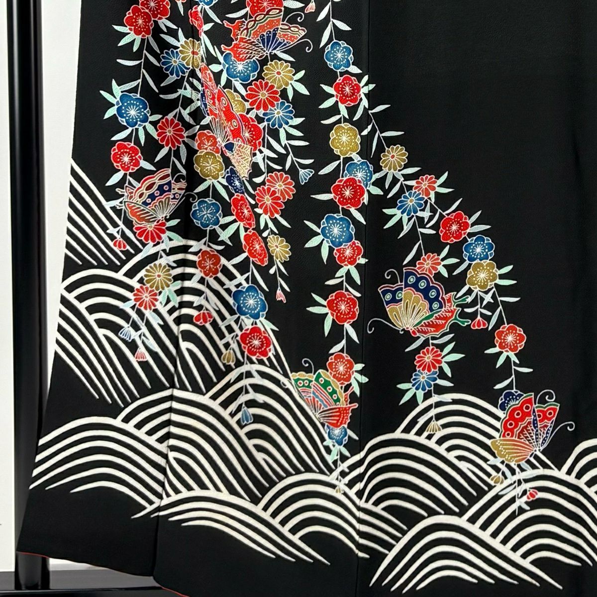 訪問服 身長158.5cm 袖長65.5cm M 雙層 蝶 梅花 縮緬 黑 純蠶絲 名品級