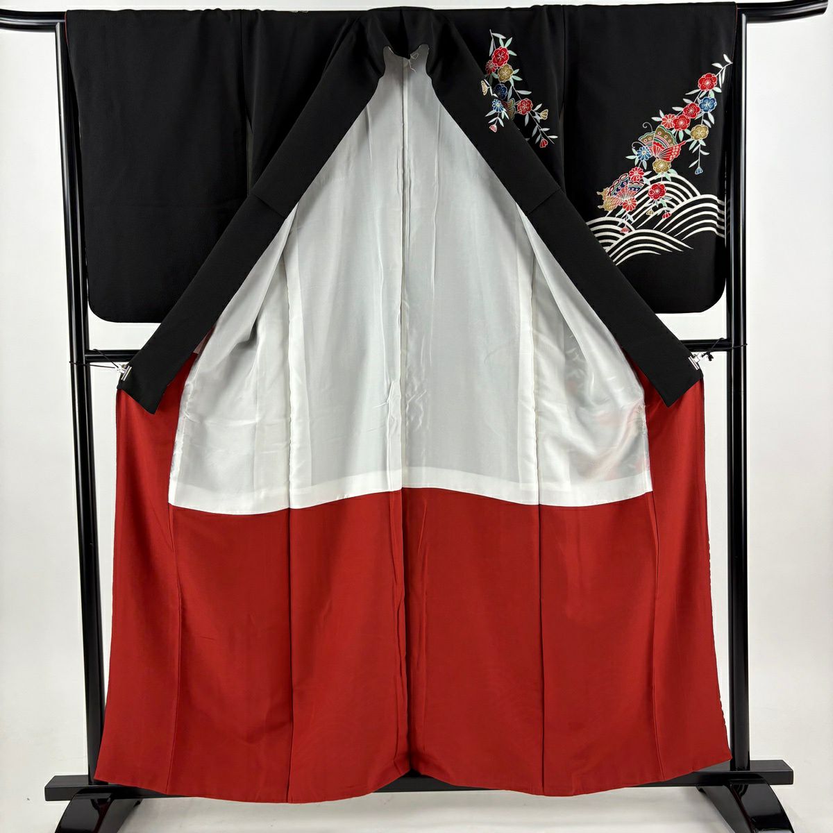 訪問服 身長158.5cm 袖長65.5cm M 雙層 蝶 梅花 縮緬 黑 純蠶絲 名品級