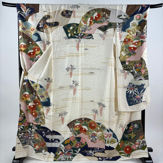 【美品】振袖禮服 身長166.5cm 袖長69.5cm L 雙層 扇子面 草花紋 金絲 金銀彩 奶油色 純蠶絲 名品級