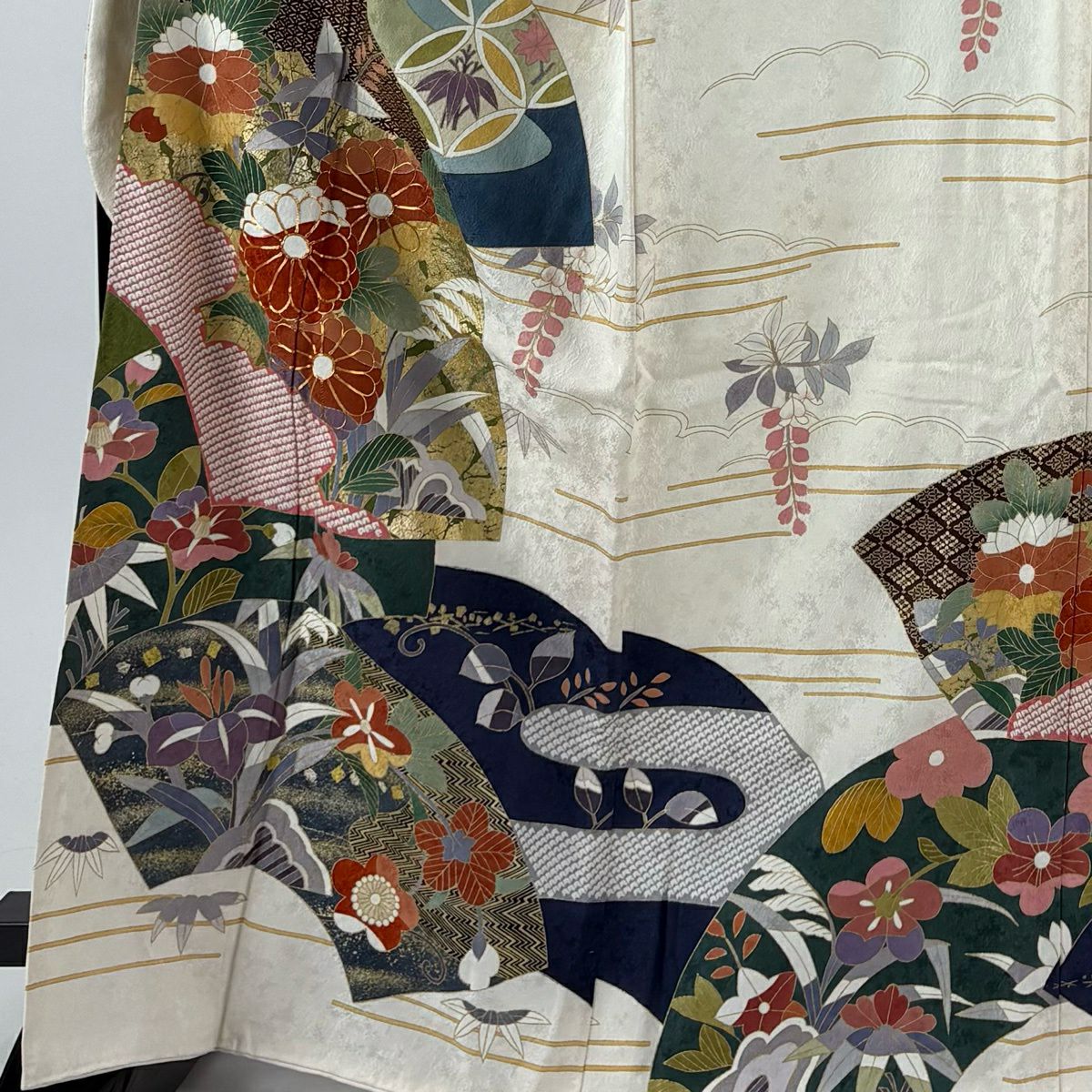【美品】振袖禮服 身長166.5cm 袖長69.5cm L 雙層 扇子面 草花紋 金絲 金銀彩 奶油色 純蠶絲 名品級