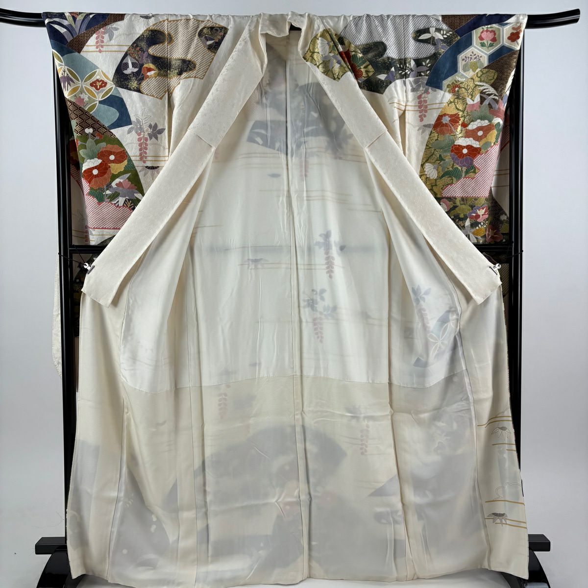 【美品】振袖禮服 身長166.5cm 袖長69.5cm L 雙層 扇子面 草花紋 金絲 金銀彩 奶油色 純蠶絲 名品級