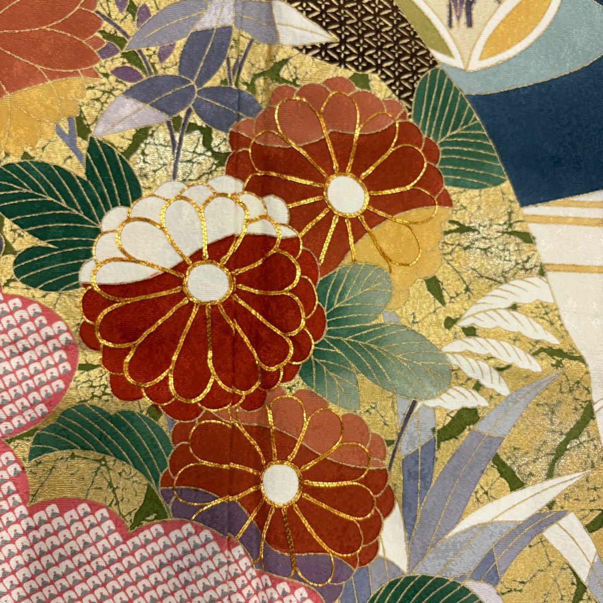 【美品】振袖禮服 身長166.5cm 袖長69.5cm L 雙層 扇子面 草花紋 金絲 金銀彩 奶油色 純蠶絲 名品級