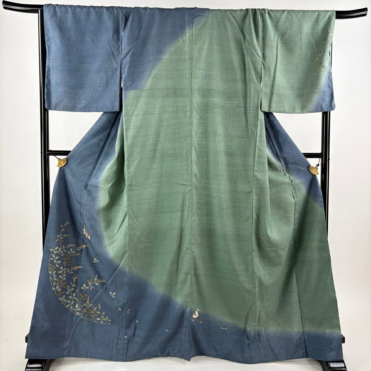 訪問服 身長166.5cm 袖長69.5cm L 雙層 兔子 搗年糕 金彩裝飾 染分 青灰 純蠶絲 名品級
