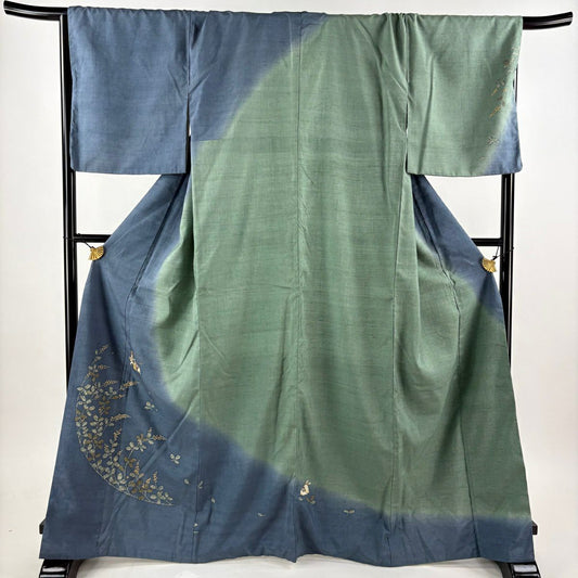 訪問服 身長166.5cm 袖長69.5cm L 雙層 兔子 搗年糕 金彩裝飾 染分 青灰 純蠶絲 名品級
