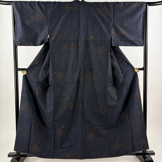 【美品】 大島紬織 身長160cm 袖長65.5cm M 雙層 純泥染 證書齊全 葉花紋 深藍 純蠶絲 名品級