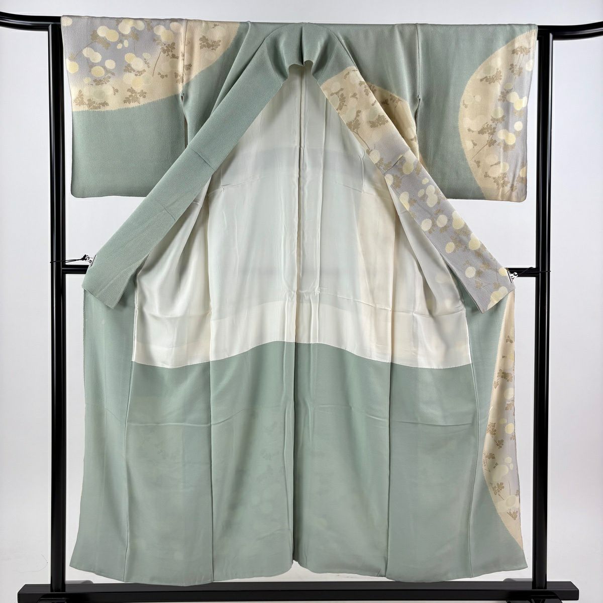 訪問服 身長150cm 袖長63.5cm S 雙層 萬壽菊花 金彩裝飾 絞緬 灰色 純蠶絲 名品級