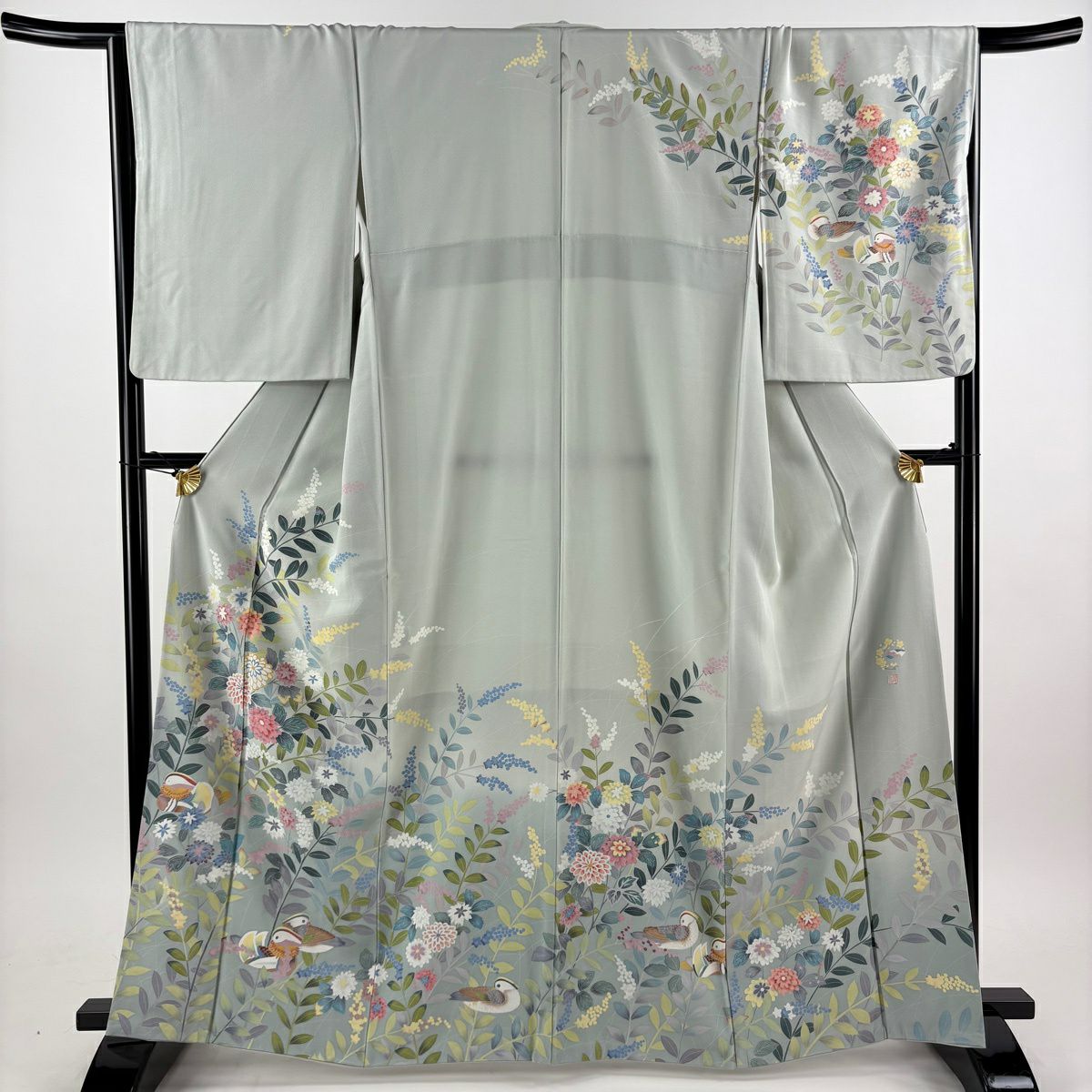 訪問服 身長162.5cm 袖長66cm M 雙層 落款あり 菊花 鴛鴦 漸層 薄綠 純蠶絲 名品級