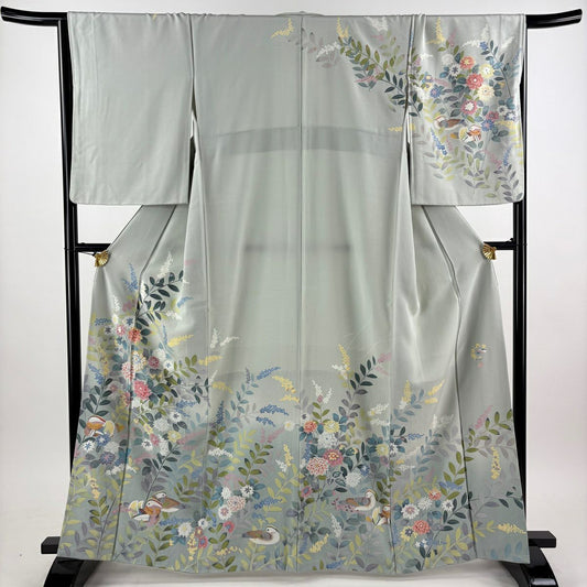訪問服 身長162.5cm 袖長66cm M 雙層 落款あり 菊花 鴛鴦 漸層 薄綠 純蠶絲 名品級