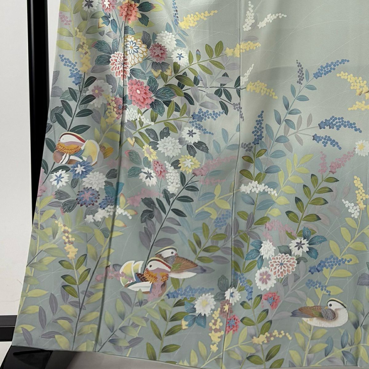 訪問服 身長162.5cm 袖長66cm M 雙層 落款あり 菊花 鴛鴦 漸層 薄綠 純蠶絲 名品級