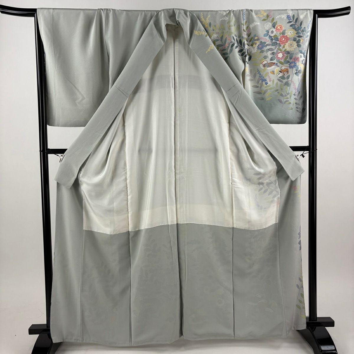 訪問服 身長162.5cm 袖長66cm M 雙層 落款あり 菊花 鴛鴦 漸層 薄綠 純蠶絲 名品級