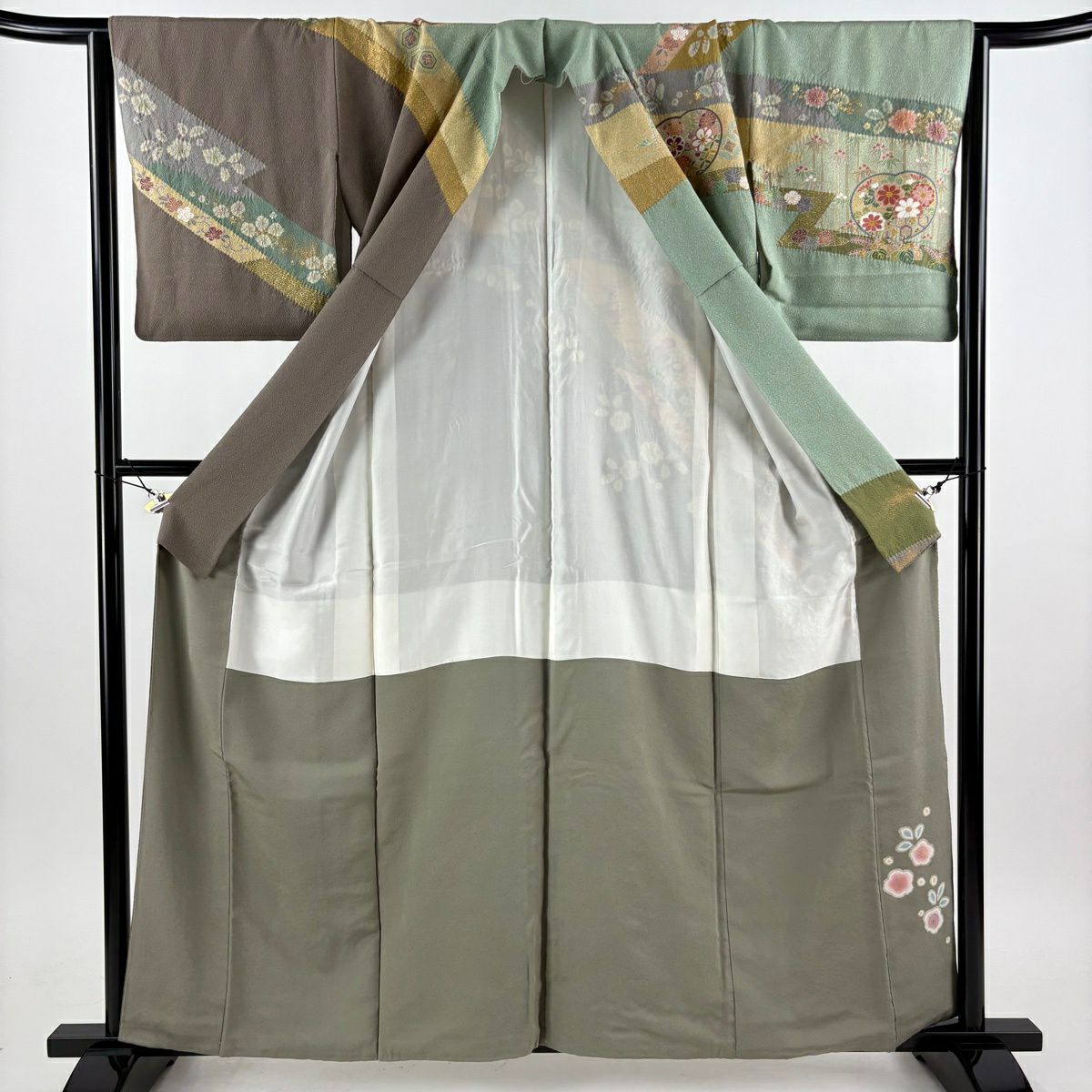 訪問服 身長158.5cm 袖長64.5cm M 雙層 落款あり 菊花 草花紋 金糸 刺繡 灰綠 純蠶絲 名品級