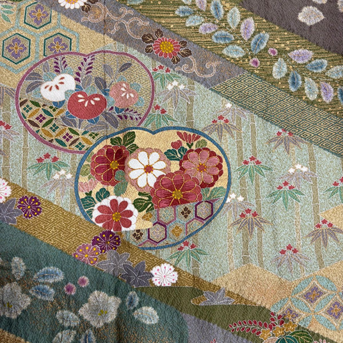 訪問服 身長158.5cm 袖長64.5cm M 雙層 落款あり 菊花 草花紋 金糸 刺繡 灰綠 純蠶絲 名品級