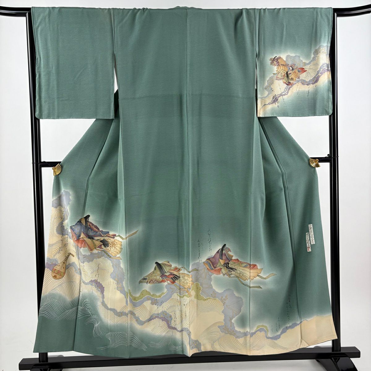 付下 身長153.5cm 袖長66.5cm M 雙層 樽本伊勢蔵 有落款 姫 文字文 金銀彩 漸層 灰綠 純蠶絲 名品級