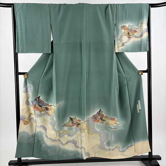 付下 身長153.5cm 袖長66.5cm M 雙層 樽本伊勢蔵 有落款 姫 文字文 金銀彩 漸層 灰綠 純蠶絲 名品級