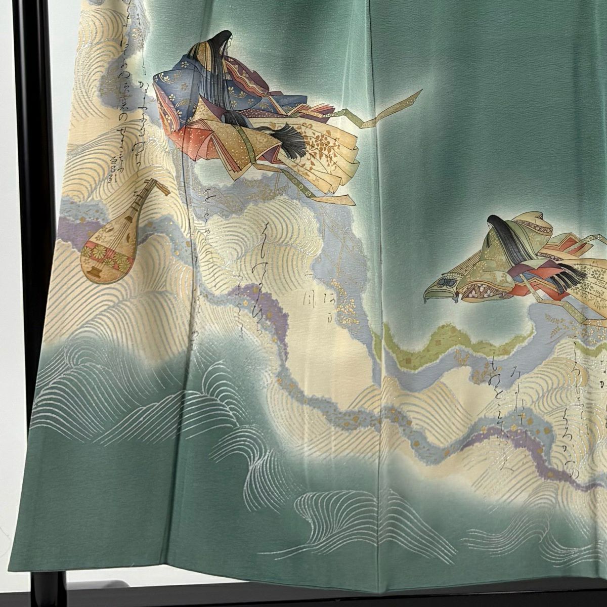 付下 身長153.5cm 袖長66.5cm M 雙層 樽本伊勢蔵 有落款 姫 文字文 金銀彩 漸層 灰綠 純蠶絲 名品級