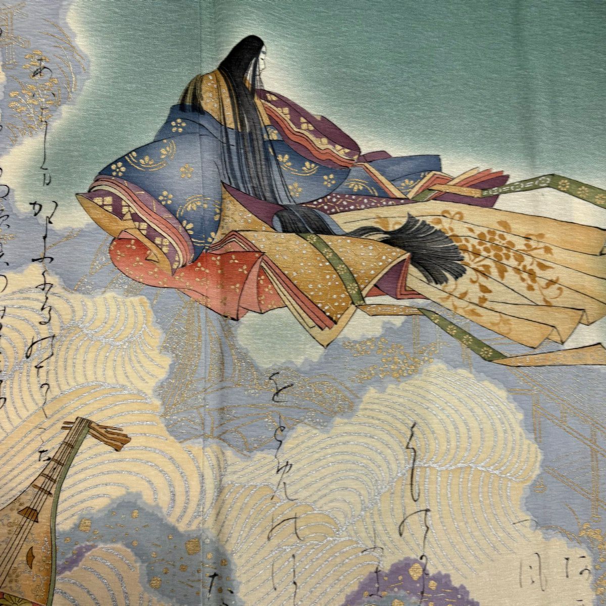 付下 身長153.5cm 袖長66.5cm M 雙層 樽本伊勢蔵 有落款 姫 文字文 金銀彩 漸層 灰綠 純蠶絲 名品級