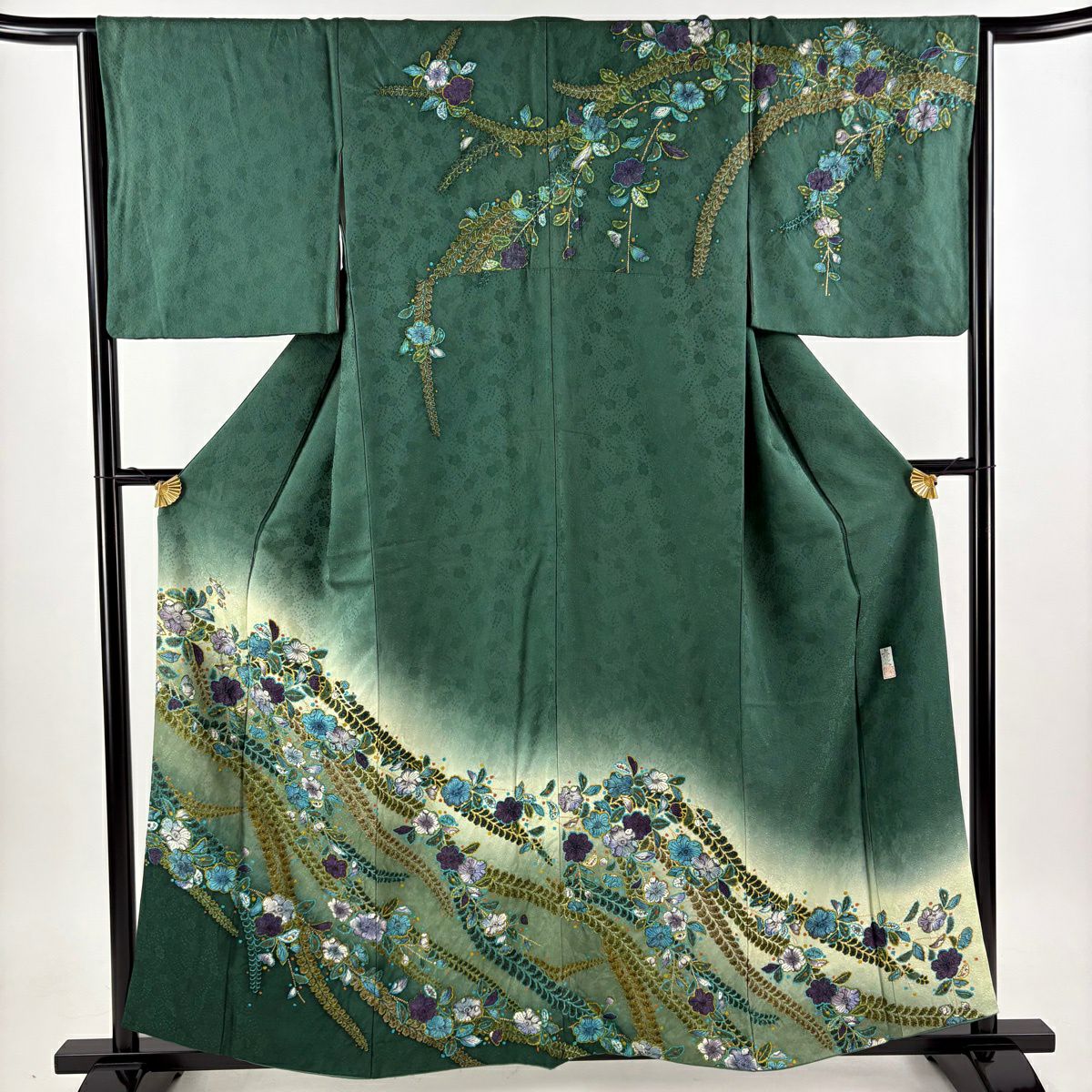 訪問服 身長156.5cm 袖長66cm M 雙層 落款あり 辻花染 地紋 金彩裝飾 漸層 綠 純蠶絲 名品級