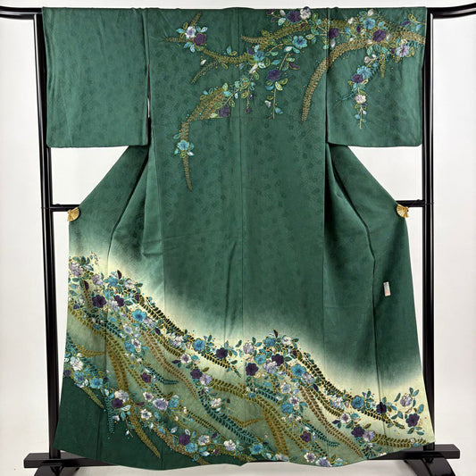 訪問服 身長156.5cm 袖長66cm M 雙層 落款あり 辻花染 地紋 金彩裝飾 漸層 綠 純蠶絲 名品級