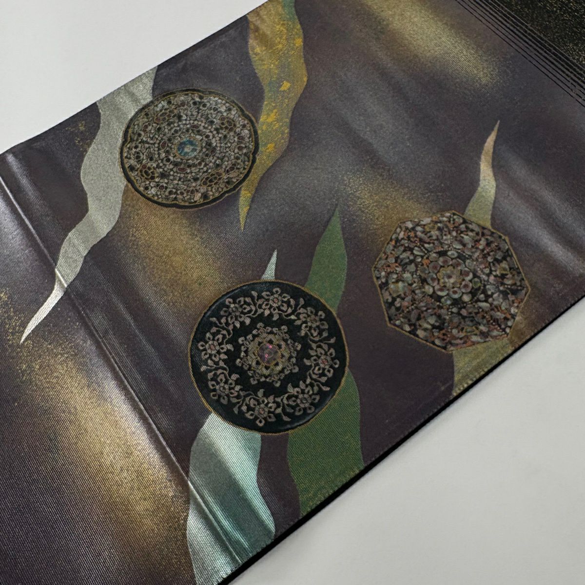 【美品】 袋帶 名品級 關西仕立 華紋 樂器 金銀彩 金金箔 灰紫 お太鼓柄 純蠶絲