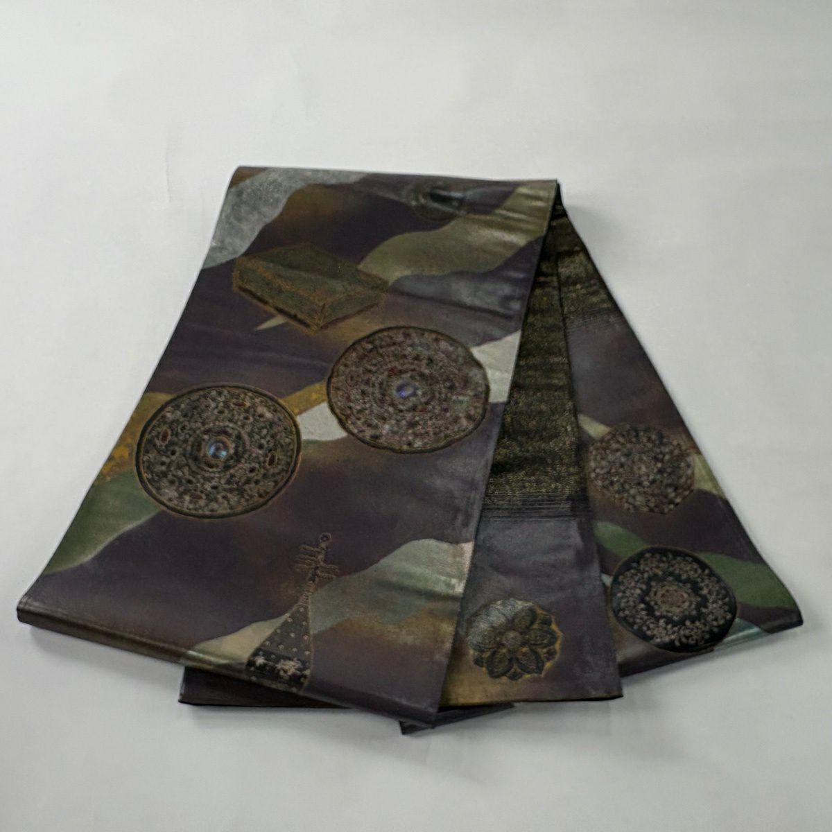 【美品】 袋帶 名品級 關西仕立 華紋 樂器 金銀彩 金金箔 灰紫 お太鼓柄 純蠶絲