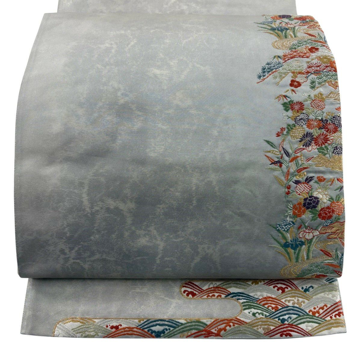 袋帶 名品級 關西仕立 草花紋 流水 金絲 刺繡 米色 大鼓圖案 純蠶絲