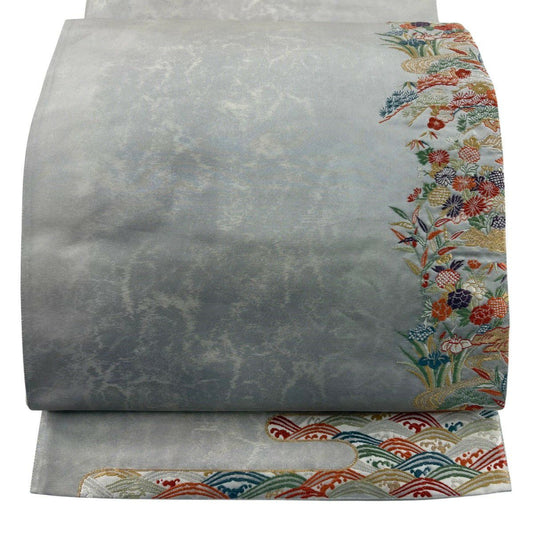 袋帶 名品級 關西仕立 草花紋 流水 金絲 刺繡 米色 大鼓圖案 純蠶絲