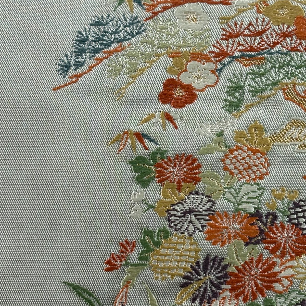 袋帶 名品級 關西仕立 草花紋 流水 金絲 刺繡 米色 大鼓圖案 純蠶絲