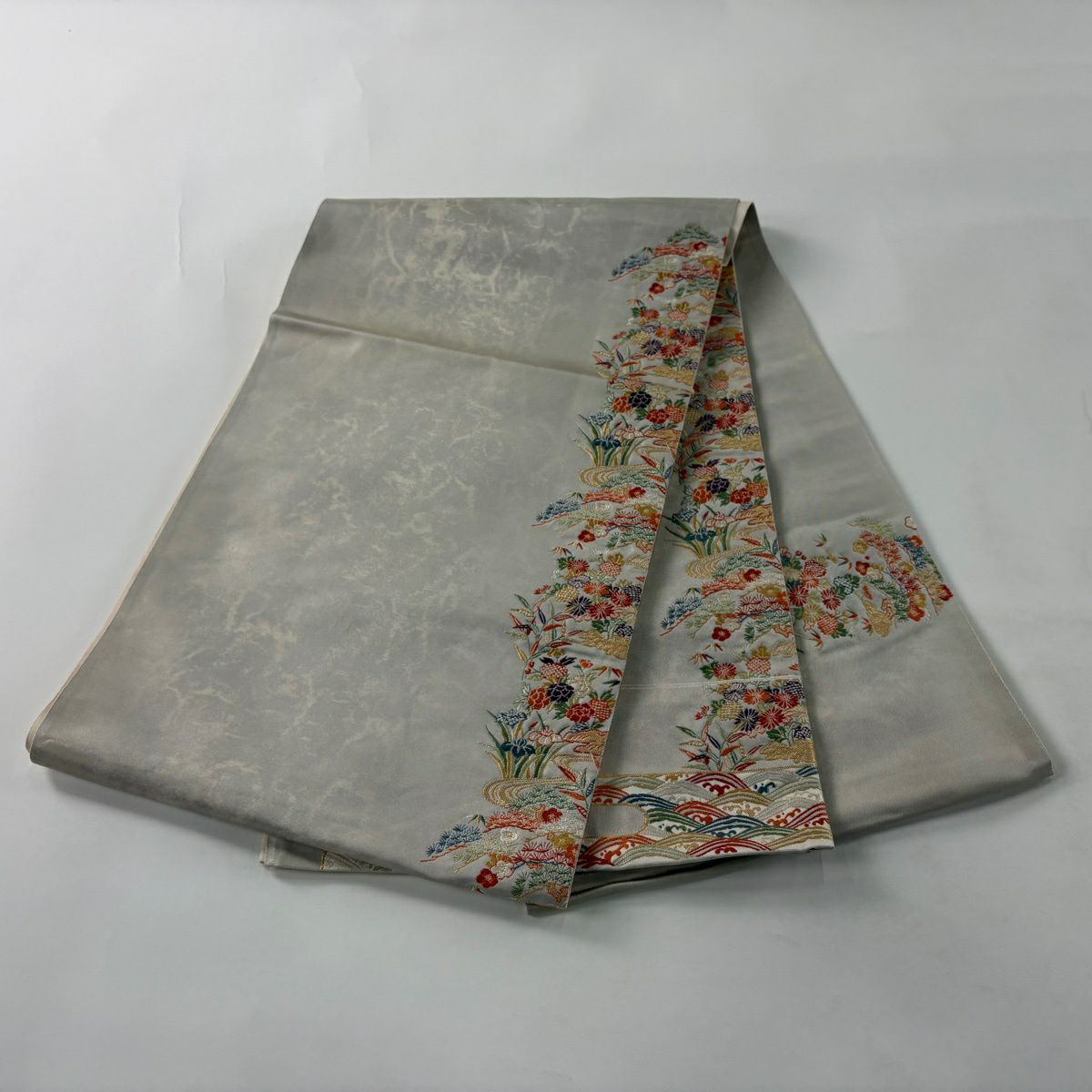 袋帶 名品級 關西仕立 草花紋 流水 金絲 刺繡 米色 大鼓圖案 純蠶絲