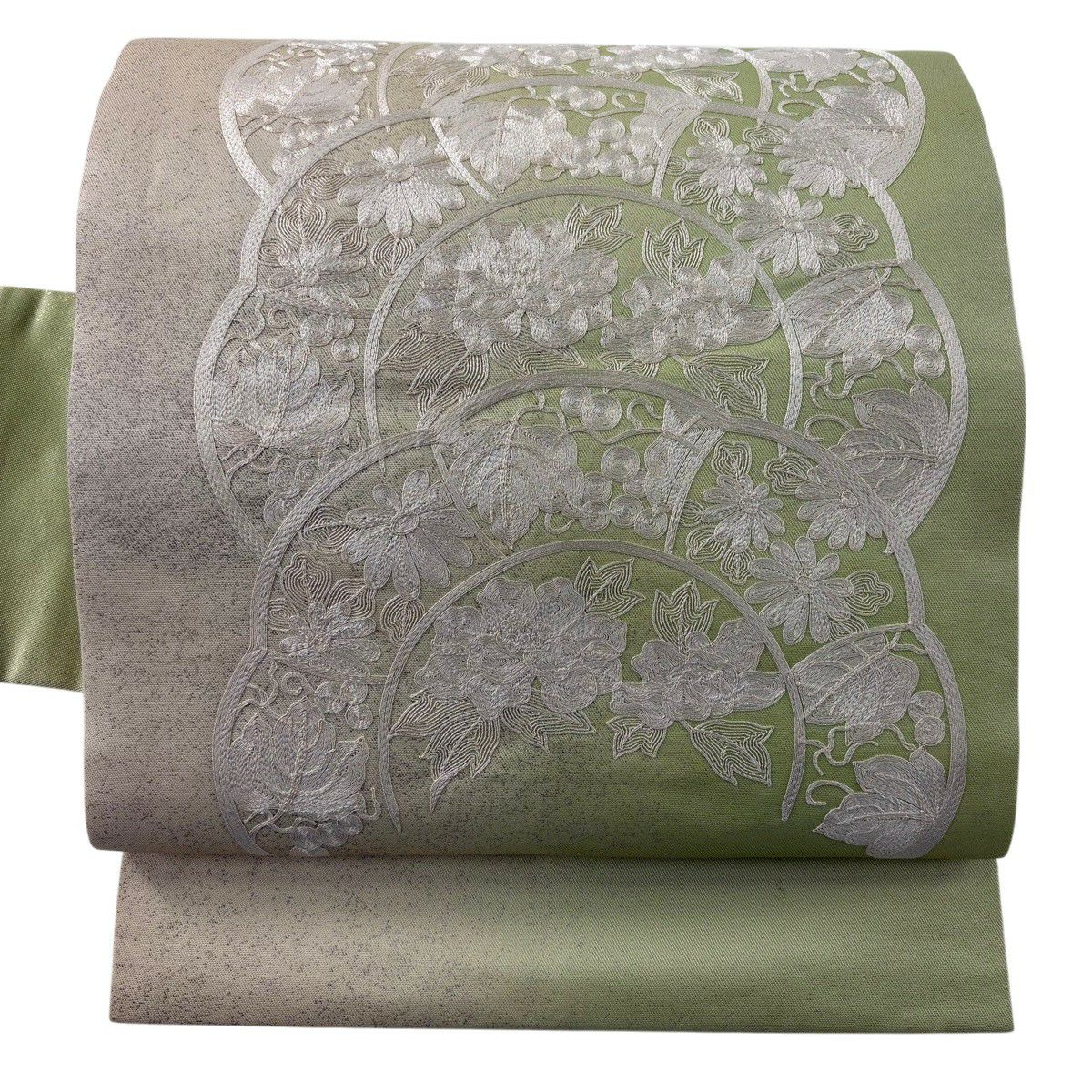 名古屋帶 名品級 草花紋紋 葡萄刺繡 金金箔 抹茶 純蠶絲