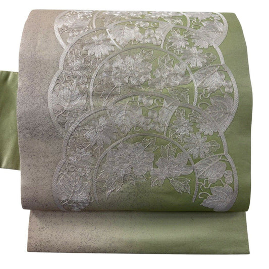 名古屋帶 名品級 草花紋紋 葡萄刺繡 金金箔 抹茶 純蠶絲