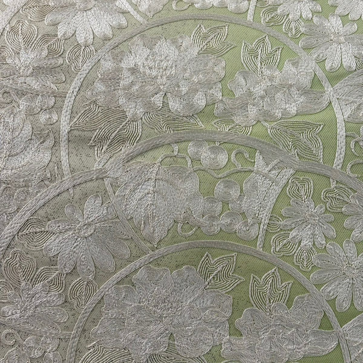 名古屋帶 名品級 草花紋紋 葡萄刺繡 金金箔 抹茶 純蠶絲