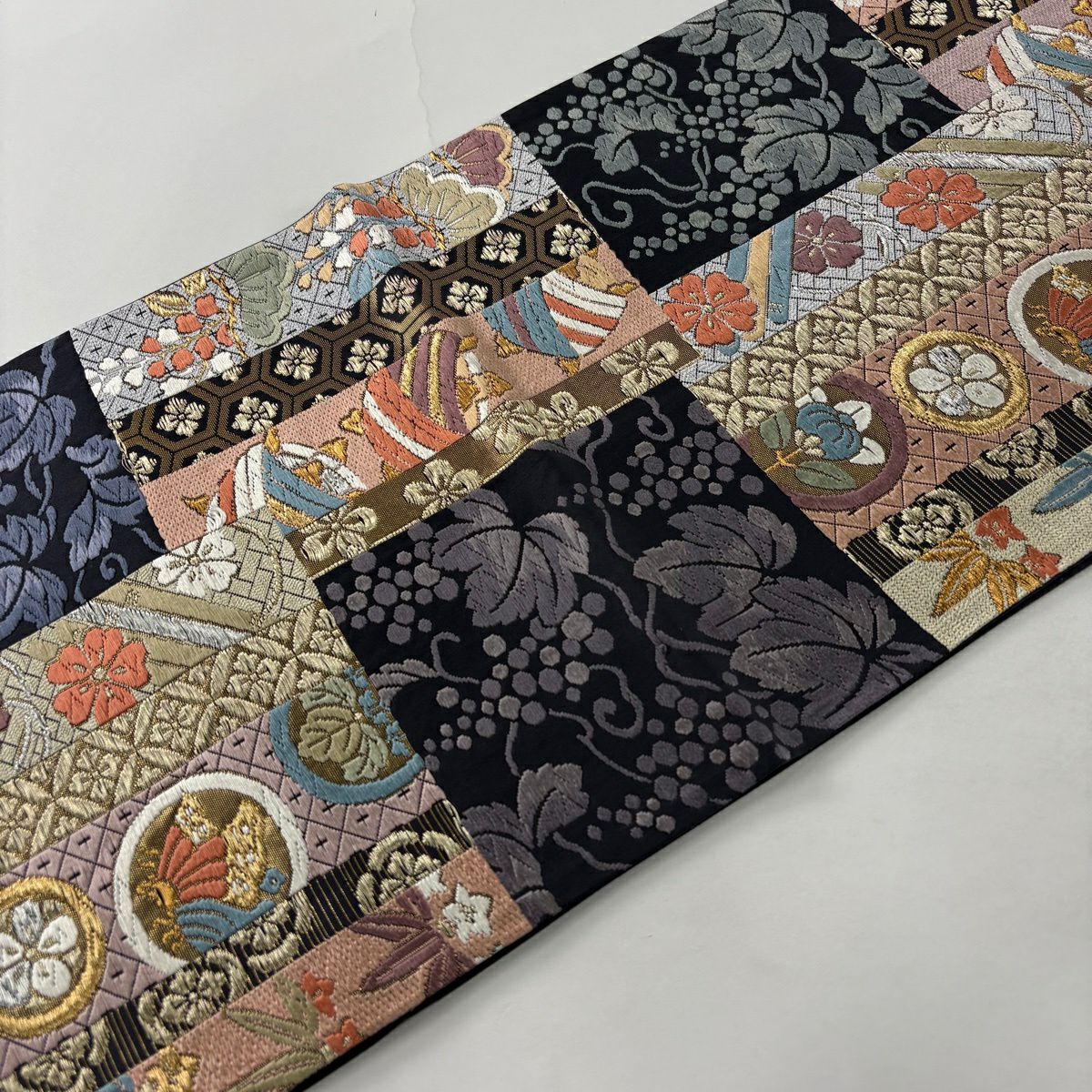 【美品】 袋帶 名品級 線卷 葡萄 金銀絲 唐織 灰紫 六通 純蠶絲