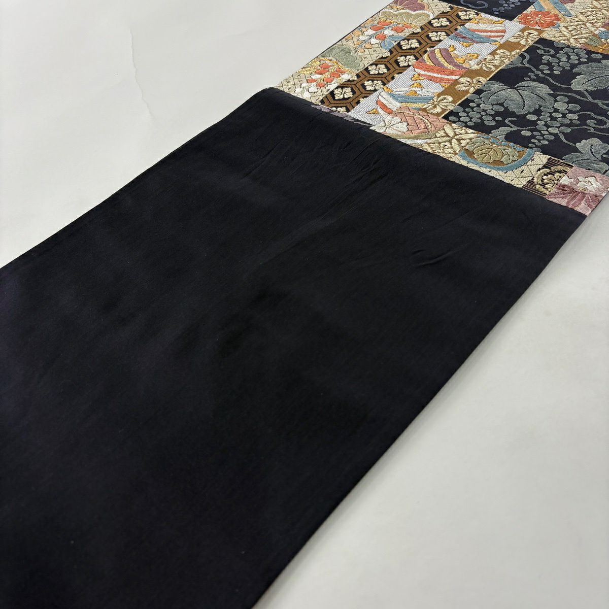 【美品】 袋帶 名品級 線卷 葡萄 金銀絲 唐織 灰紫 六通 純蠶絲