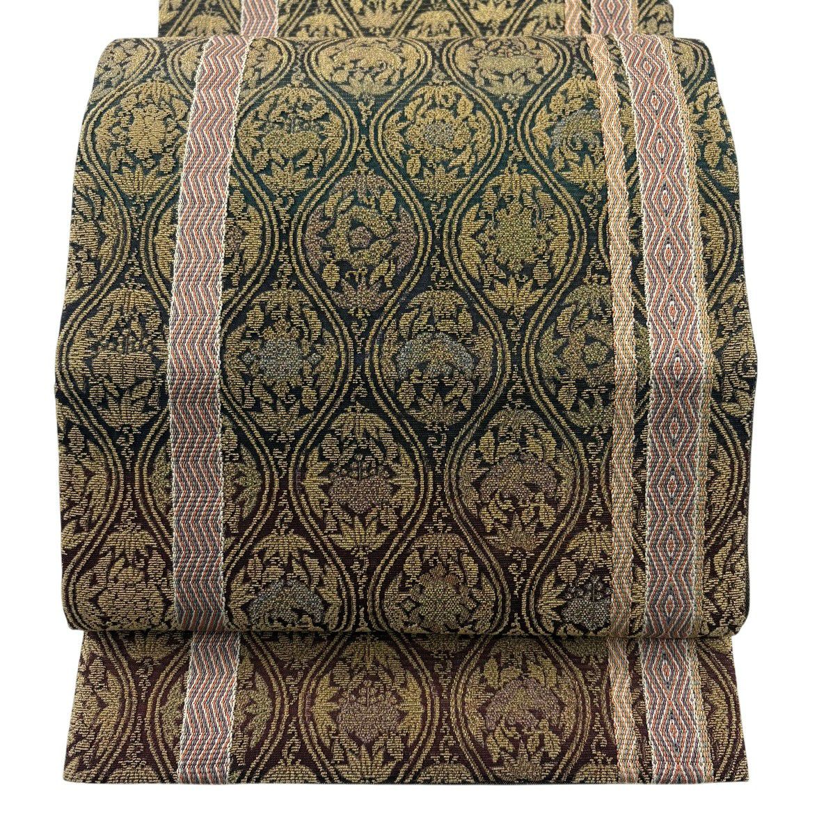 【美品】 袋帶 名品級 草花紋紋 縞 金絲 刺繡 深綠 六通 純蠶絲