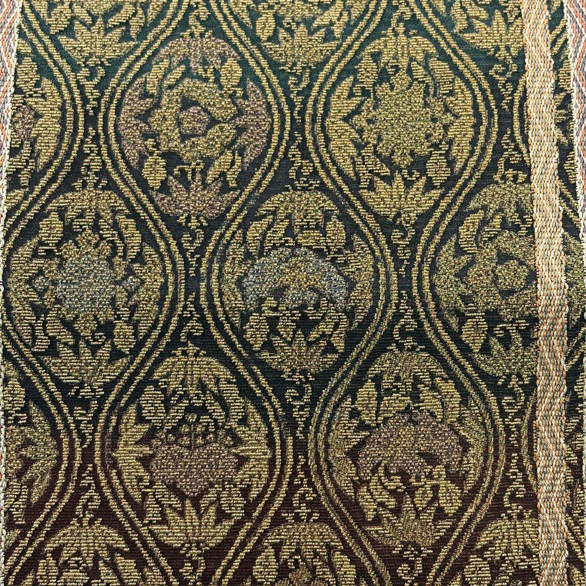 【美品】 袋帶 名品級 草花紋紋 縞 金絲 刺繡 深綠 六通 純蠶絲