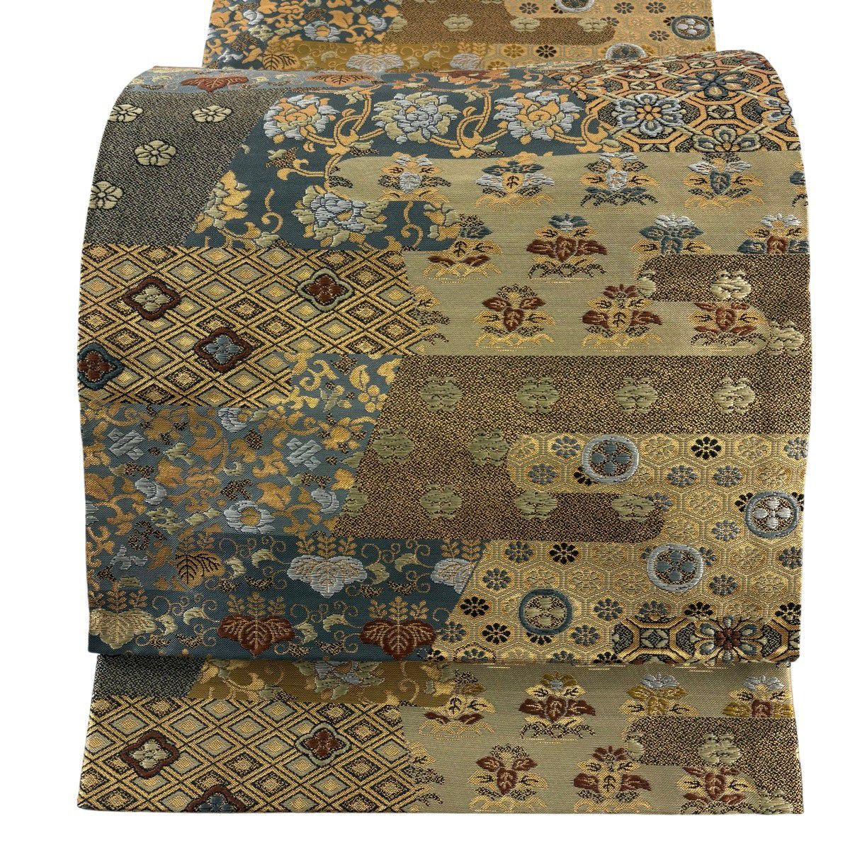 【美品】 袋帶 名品級 草花紋紋 蜀江華紋 刺繡 金金箔 灰綠 六通 純蠶絲