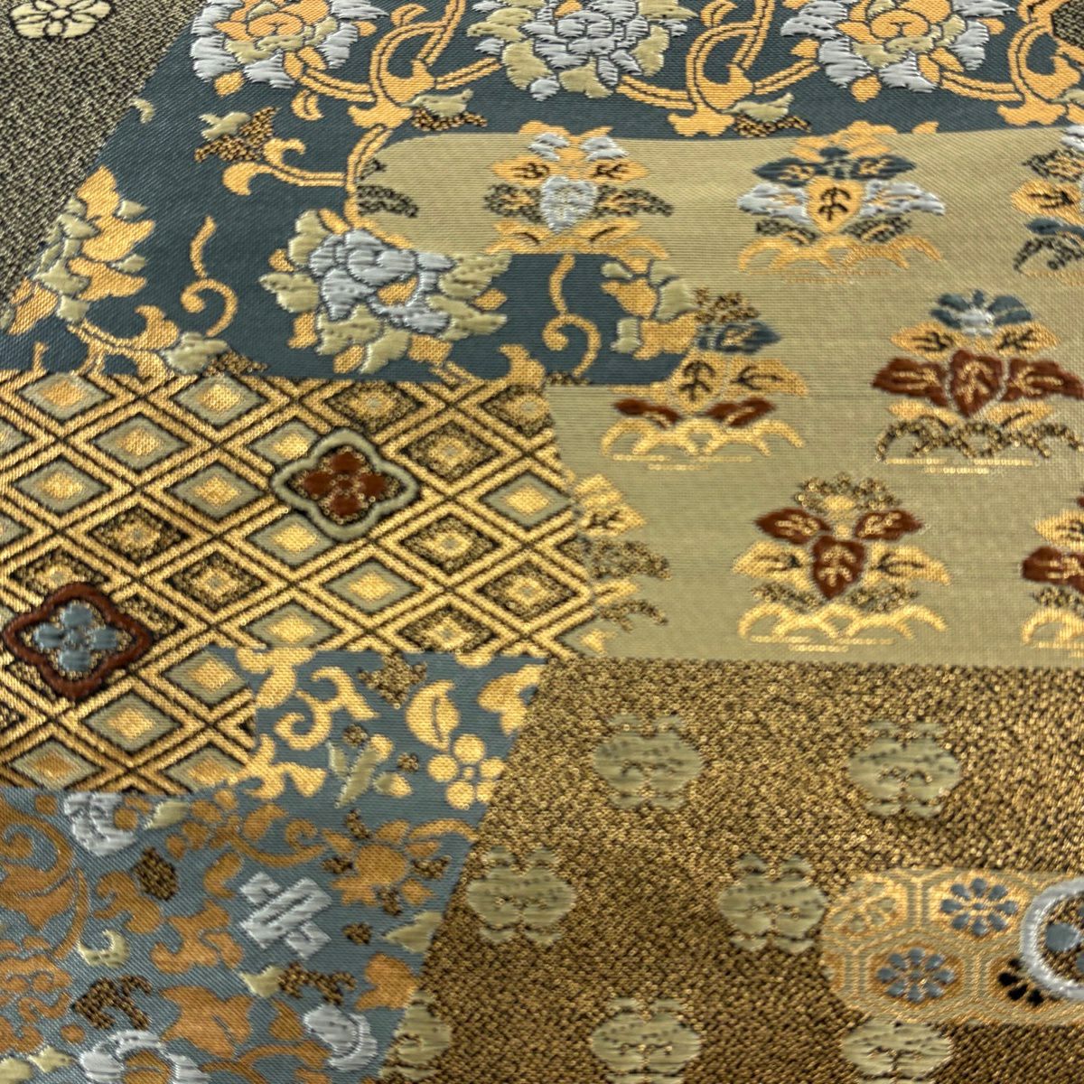 【美品】 袋帶 名品級 草花紋紋 蜀江華紋 刺繡 金金箔 灰綠 六通 純蠶絲