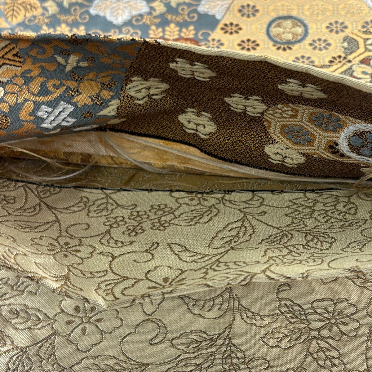 【美品】 袋帶 名品級 草花紋紋 蜀江華紋 刺繡 金金箔 灰綠 六通 純蠶絲