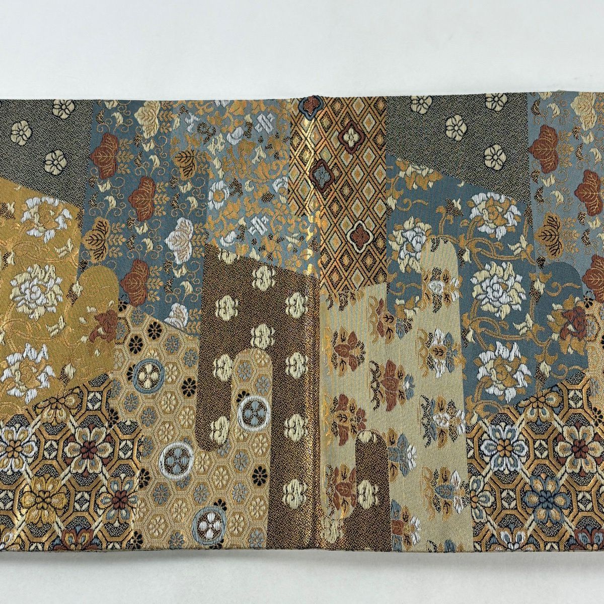 【美品】 袋帶 名品級 草花紋紋 蜀江華紋 刺繡 金金箔 灰綠 六通 純蠶絲