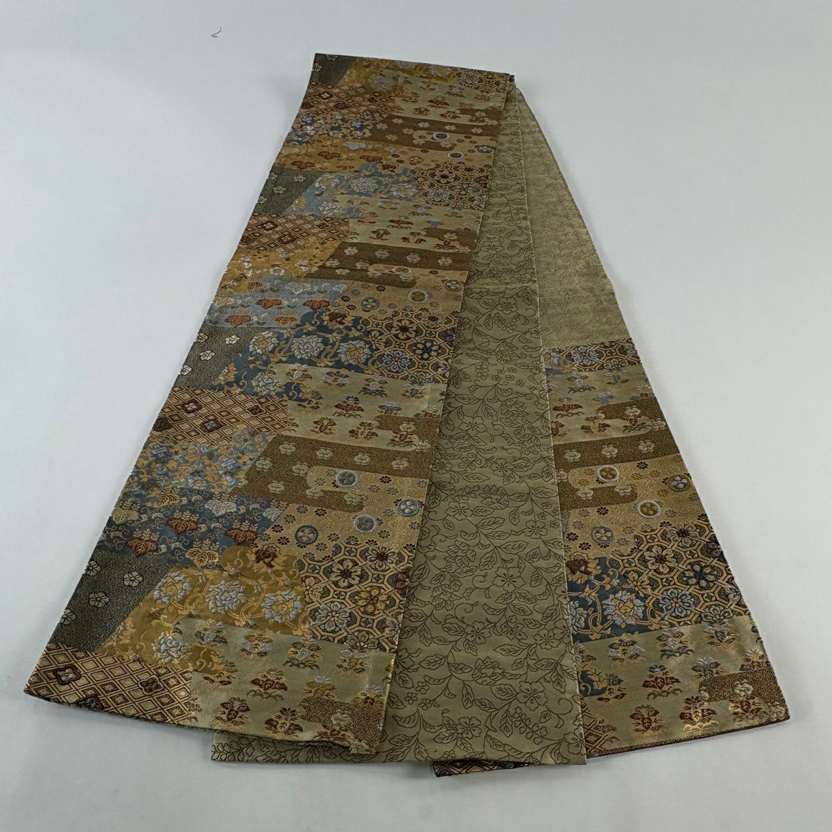 【美品】 袋帶 名品級 草花紋紋 蜀江華紋 刺繡 金金箔 灰綠 六通 純蠶絲