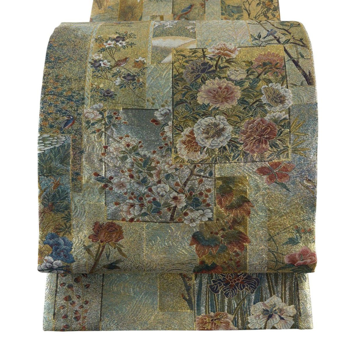 【美品】 袋帶 名品級 短冊 花鳥 金絲 金金箔 灰綠 お太鼓圖案 純蠶絲
