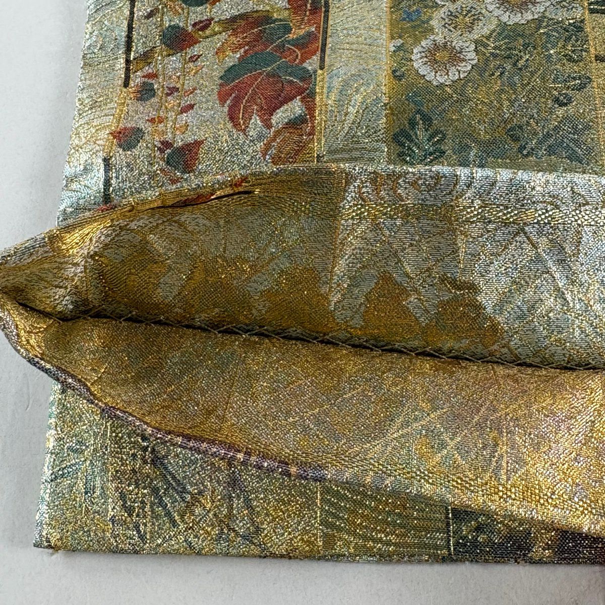 【美品】 袋帶 名品級 短冊 花鳥 金絲 金金箔 灰綠 お太鼓圖案 純蠶絲