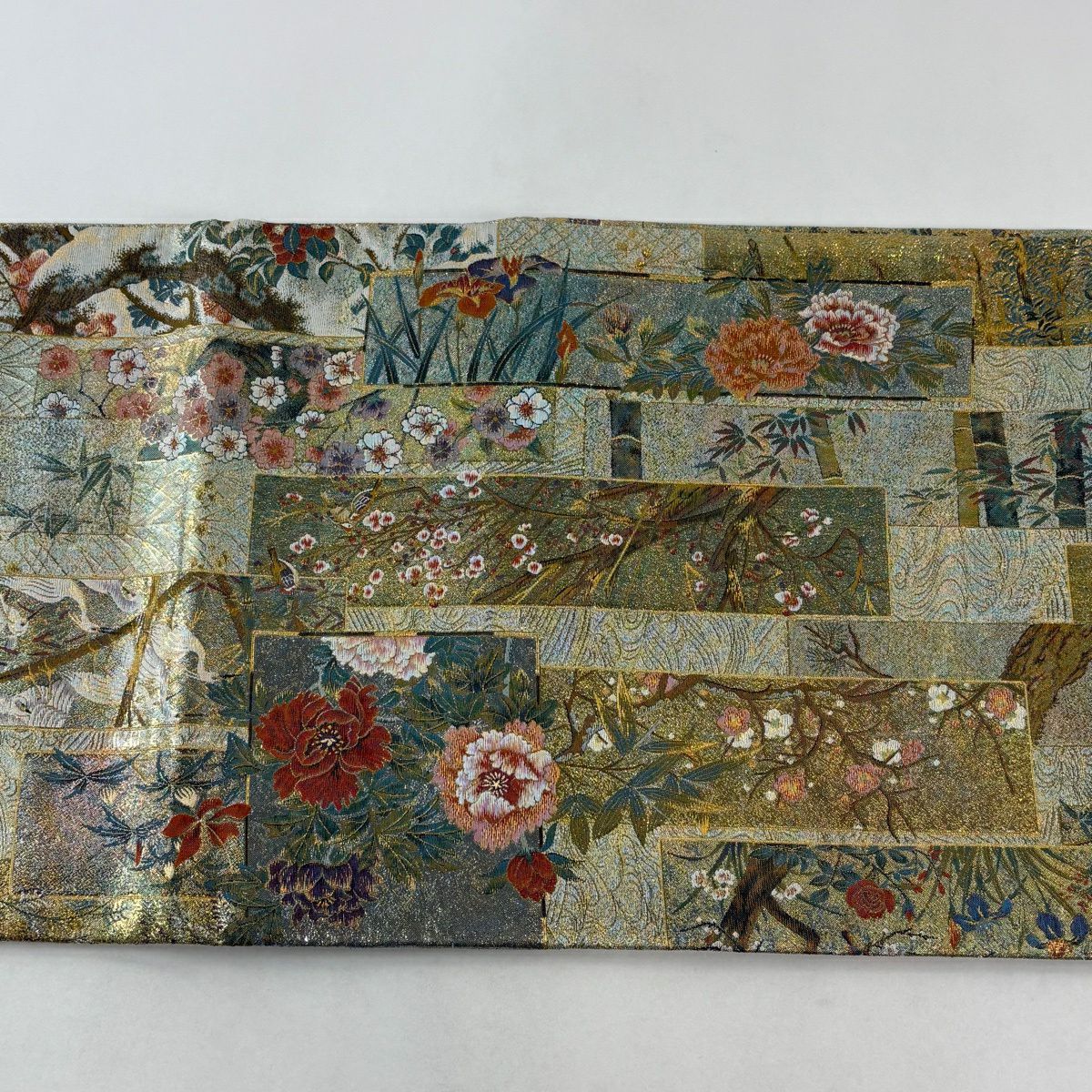 【美品】 袋帶 名品級 短冊 花鳥 金絲 金金箔 灰綠 お太鼓圖案 純蠶絲
